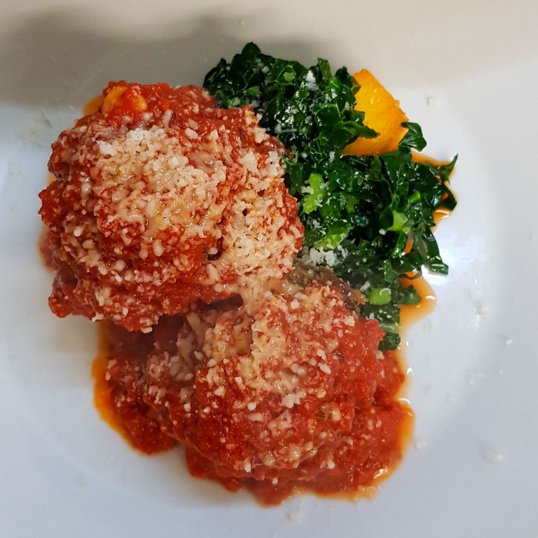 Myrddin Heritage pork meatballs, tomato sauce, greens - for two